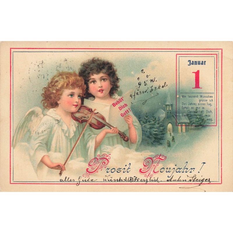n°27870 - Nouvel An - Prosit Neujahr - Deux anges, l'un jouant du violon, l'autre chantant
