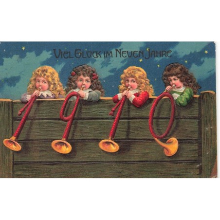 n°27871 - Carte Gaufrée - Nouvel An 1910 - Fillettes jouant de la musique