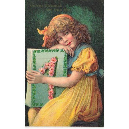 n°27873 - Carte Gaufrée - Nouvel An - Grete Reinwald tenant un livre décoré de fleurs