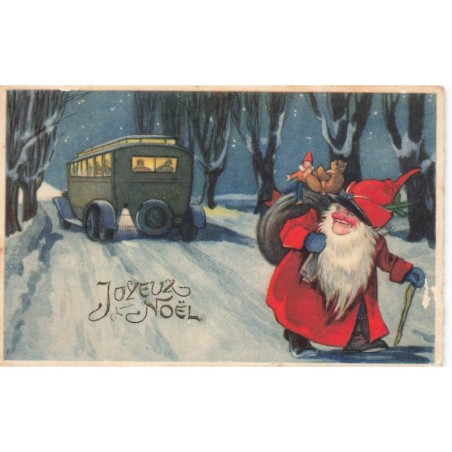 n°27876 - Baumgarten ? - Joyeux Noël - Père Noël marchant sur une route en regardant un bus