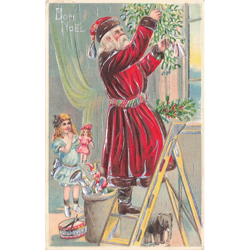 n°27879 - Carte Gaufrée - Bon Noël - Fillette regardant le Père Noël installé du gui dans une maison - Eléphant