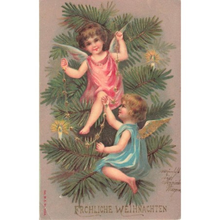 n°27882 - Carte Gaufrée - Noël - Fröhliche Weihnachten - Anges décorant un sapin