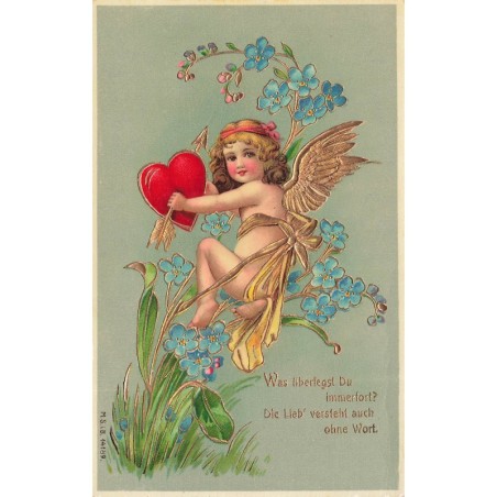 n°27883 - Carte Gaufrée - MSIB 14189 - Cupidon tenant un coeur au milieu de myosotis