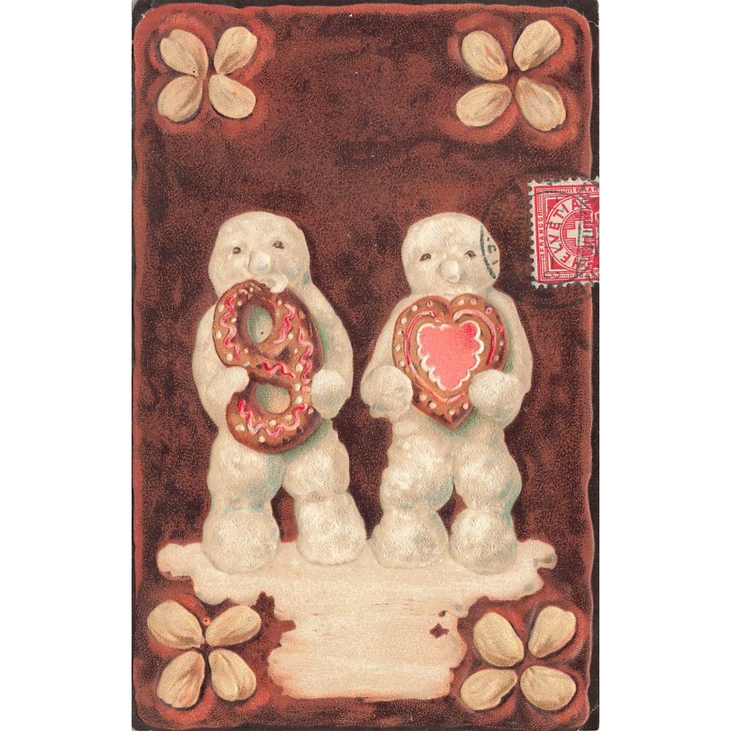 n°27884 - Carte Gaufrée - Pain d'Epice - Deux bonhommes de neige tenant l'un un coeur, l'autre un bretzel