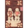 n°27884 - Carte Gaufrée - Pain d'Epice - Deux bonhommes de neige tenant l'un un coeur, l'autre un bretzel