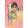 n°27887 - Art Nouveau - Portrait d'une femme avec des Iris, au fond un paysage
