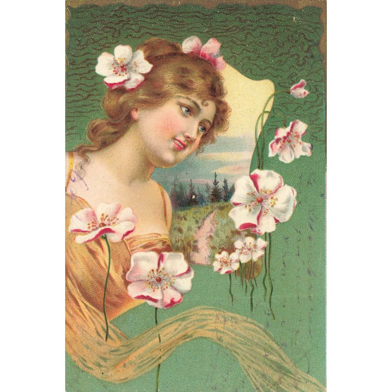 n°27888 - Art Nouveau - Portrait d'une femme avec des fleurs, au fond un paysage