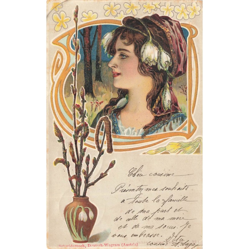 n°27890 - Carte avec Paillettes - Art Nouveau - Portrait d'une jeune femme près d'un vase