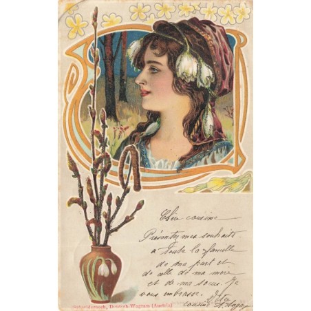 n°27890 - Carte avec Paillettes - Art Nouveau - Portrait d'une jeune femme près d'un vase