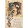 n°27890 - Carte avec Paillettes - Art Nouveau - Portrait d'une jeune femme près d'un vase