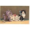 n°27894 - Carte Gaufrée - Animaux - Chats près d'un panier rempli de violettes
