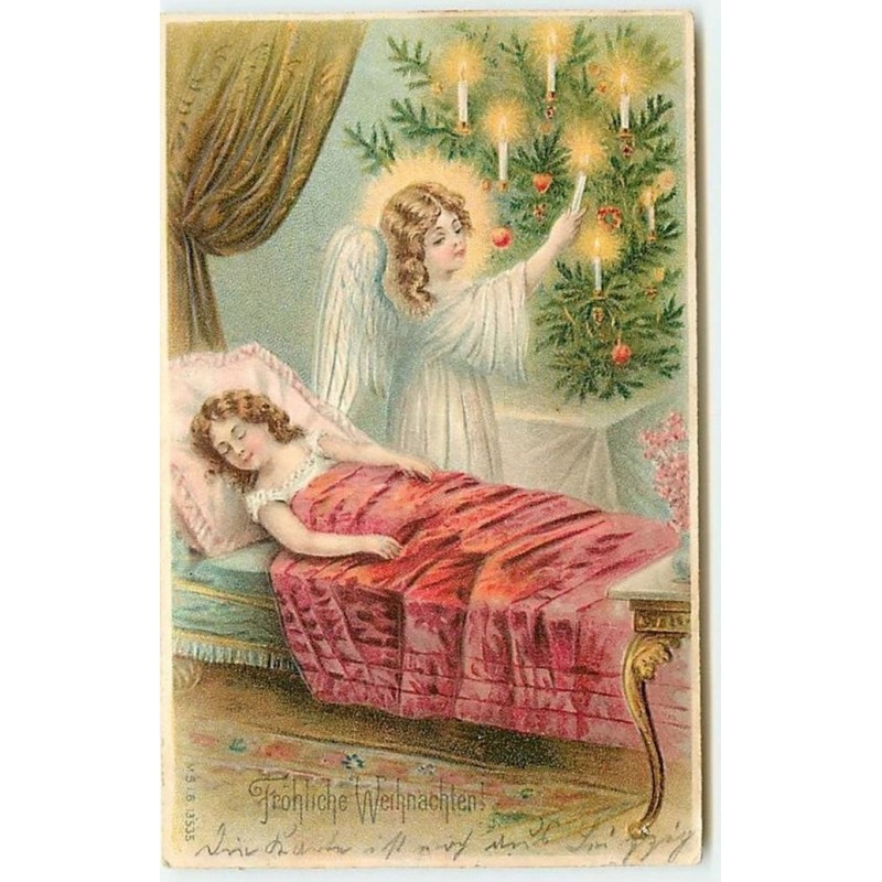 n°13175 - Carte Gaufrée - Fröhliche Weihnachten - Ange allumant des bougies d'un sapin près d'une fillette dormant