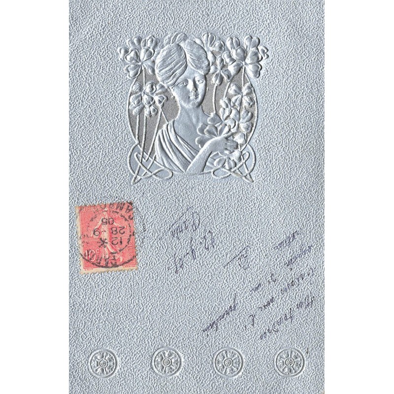 n°27900 - Carte Gaufrée Aluminium - Art Nouveau - Portrait d'une jeune femme