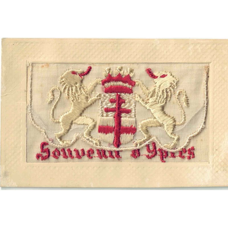 n°27903 - Fantaisie - Carte Brodée avec rabat - Souvenir d'Ypres - Lions autour d'un blason