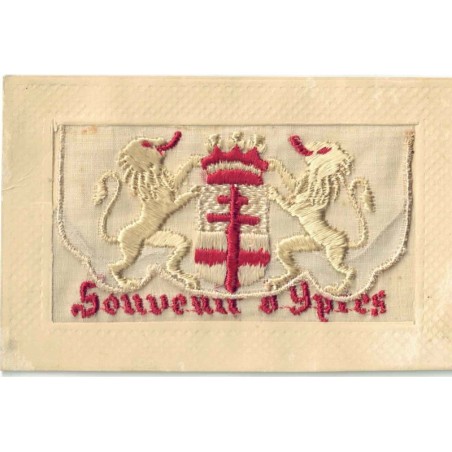 n°27903 - Fantaisie - Carte Brodée avec rabat - Souvenir d'Ypres - Lions autour d'un blason