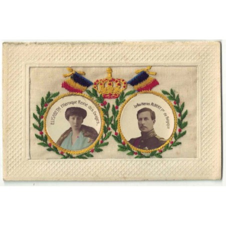 n°27904 - Fantaisie - Carte Brodée - Elisabeth l'héroique Reine des Belges, et le Roi Albert 1er de Belgique