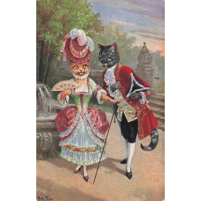 n°27905 - Illustrateur - Arthur Thiele - Chats habillés se promenant dans un parc