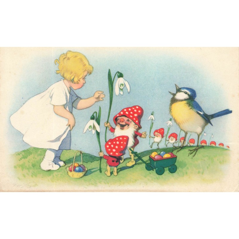 n°27907 - Illustrateur - F. Baumgarten - Fillette saluant un défilé de nains avec chapeaux champignons