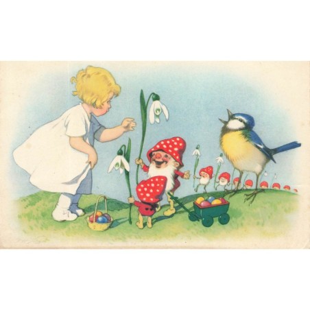 n°27907 - Illustrateur - F. Baumgarten - Fillette saluant un défilé de nains avec chapeaux champignons