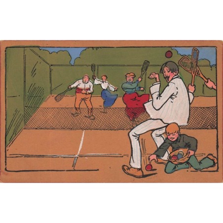 n°27908 - Illustrateur - Partie de Tennis, un garçon ramassant les balles