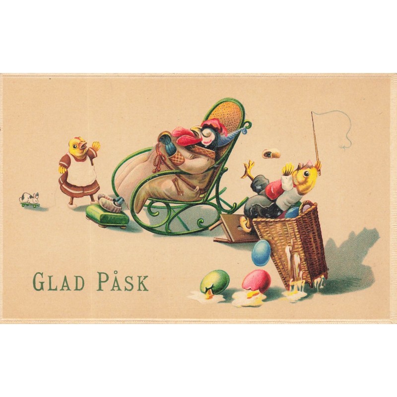 n°27911 - Pâques - Glad Pask - Une poule et des poussins habillés, la poule dormant sur un rocking chair