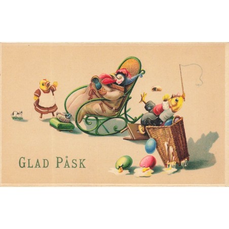 n°27911 - Pâques - Glad Pask - Une poule et des poussins habillés, la poule dormant sur un rocking chair