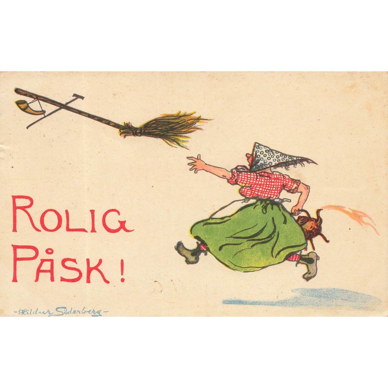 n°27912 - Rolig Pask - Femme courrant après un balai s'envolant - Hildur Söderberg