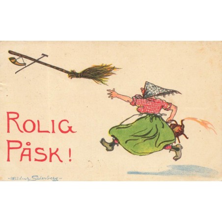 n°27912 - Rolig Pask - Femme courrant après un balai s'envolant - Hildur Söderberg