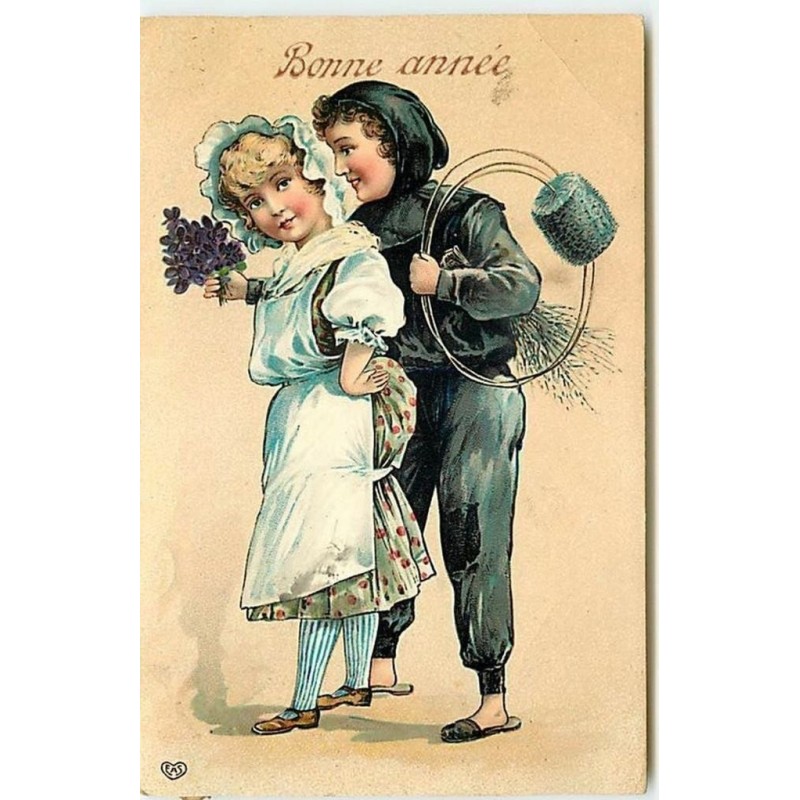 n°13178 - Bonne Année - Ramoneur offrant un bouquet de violettes à une jeune fille