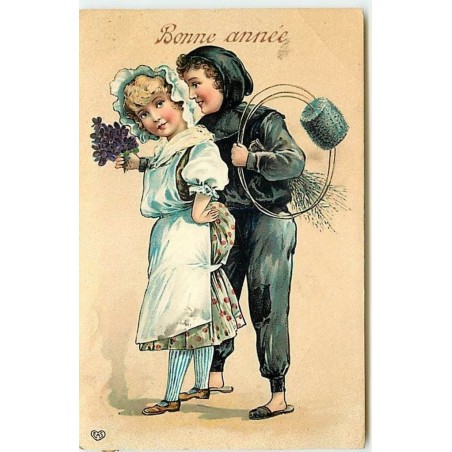 n°13178 - Bonne Année - Ramoneur offrant un bouquet de violettes à une jeune fille