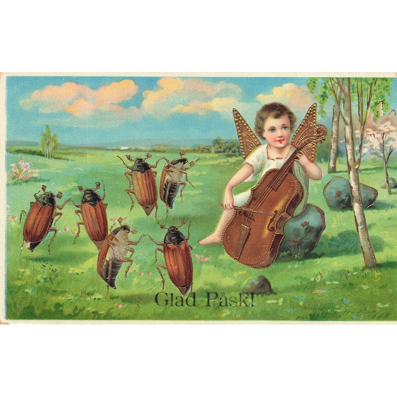 n°27916 - Pâques - Glad Pask - Ange jouant du violoncelle pour des hannetons