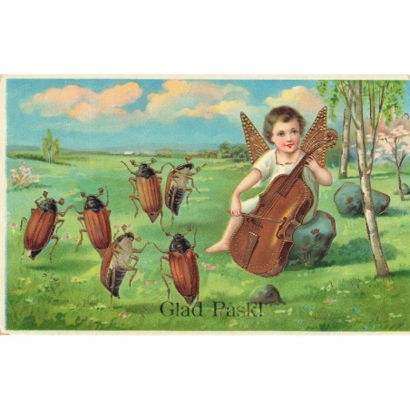 n°27916 - Pâques - Glad Pask - Ange jouant du violoncelle pour des hannetons
