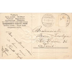 n°27917 - Carte Gaufrée - Bonne et Heureuse Année - Garçon portant un sac rempli de pièces d'or