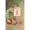 n°27920 - Bonne Année - Clown tenant un éphéméride avec un singe et un chien habillés