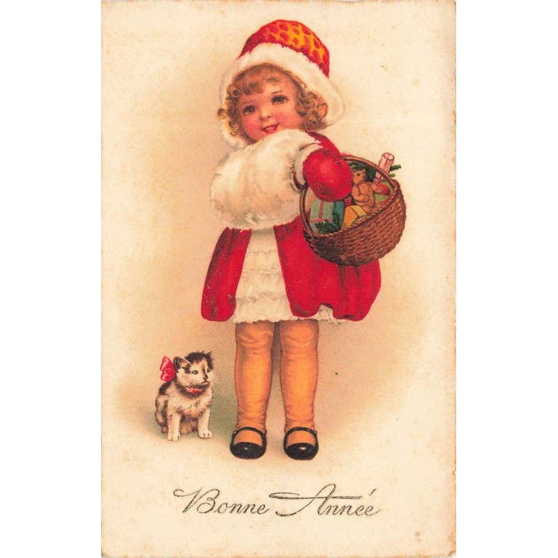 n°27922 - Clapsaddle - Bonne Année - Fillette portant un panier rempli de jouets - chat - Teddy Bear