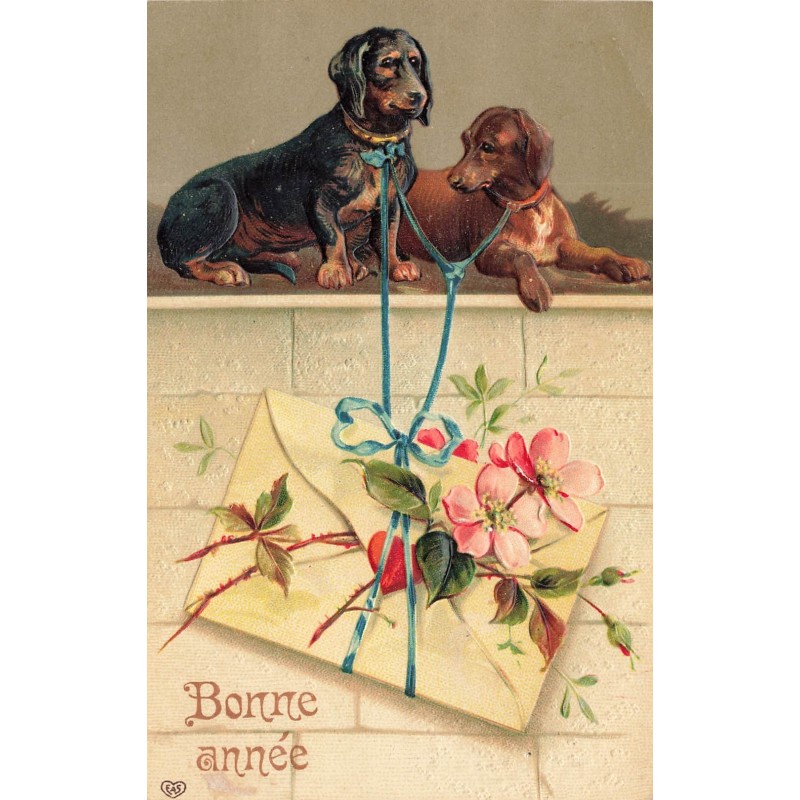 n°27924 - Carte Gaufrée - Nouvel An - Bonne Année - Deux Teckels tenant une enveloppe