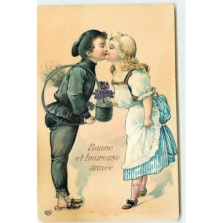n°13179 - Bonne et Heureuse Année - Ramoneur embrassant une jeune fille en lui offrant un bouquet de violettes