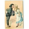 n°13179 - Bonne et Heureuse Année - Ramoneur embrassant une jeune fille en lui offrant un bouquet de violettes