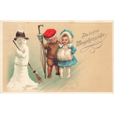 n°27925 - Carte Gaufrée - Nouvel An - Clapsaddle - Deux enfants marchant vers un bonhomme de neige