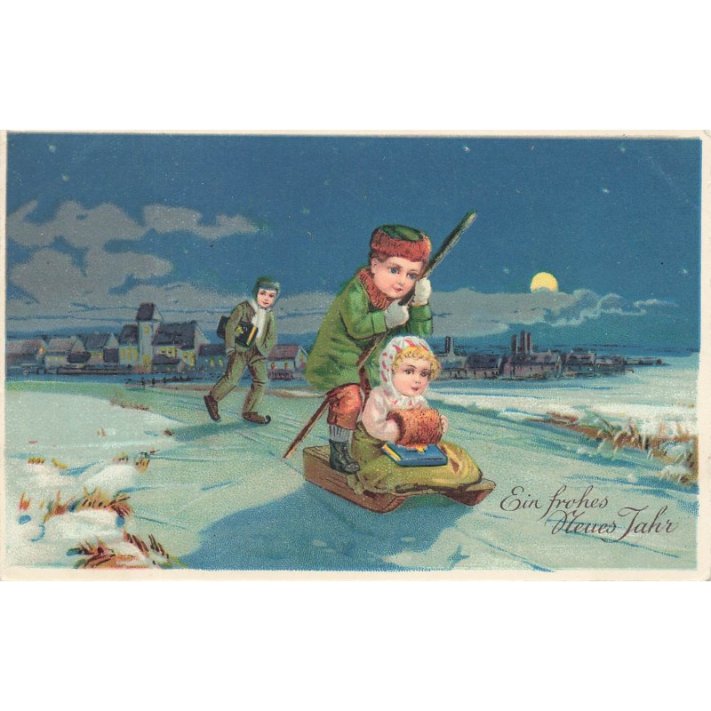 n°27928 - Nouvel An - Ein Fröhes Neues Jahr - Enfants se déplacant avec une luge, dans la nuit