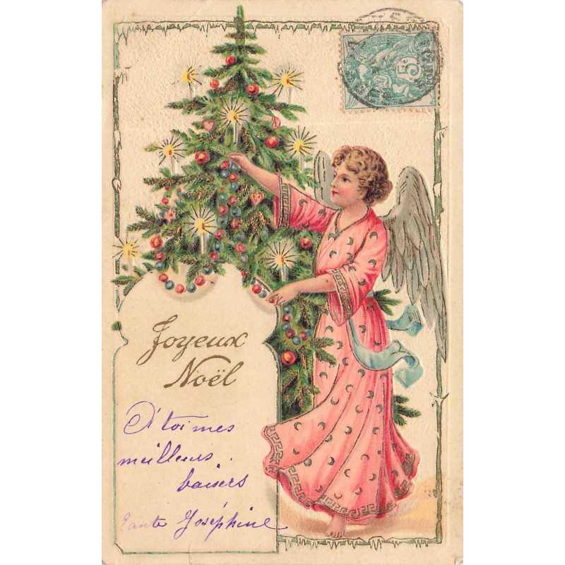 n°27939 - Carte Gaufrée -Joyeux Noël - Ange décorant un sapin