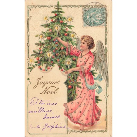 n°27939 - Carte Gaufrée -Joyeux Noël - Ange décorant un sapin