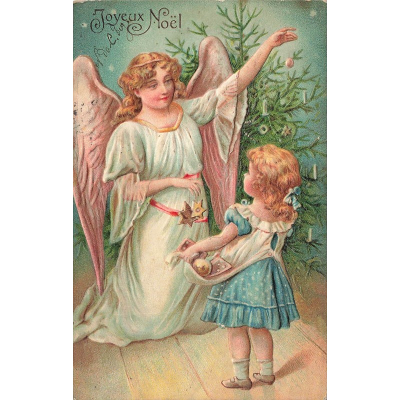 n°27940 - Carte Gaufrée -Joyeux Noël - Un ange et une fillette décorant un sapin