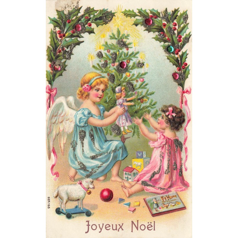 n°27941 - Carte Gaufrée avec strasses et paillettes -Joyeux Noël - Un ange offrant une poupée à une fillette