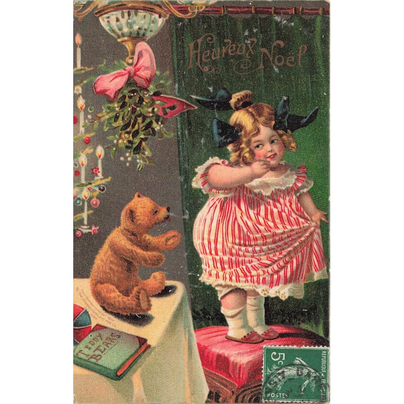 n°27943 - Heureux Noël - Fillette regardant un ours en peluche - Teddy Bear