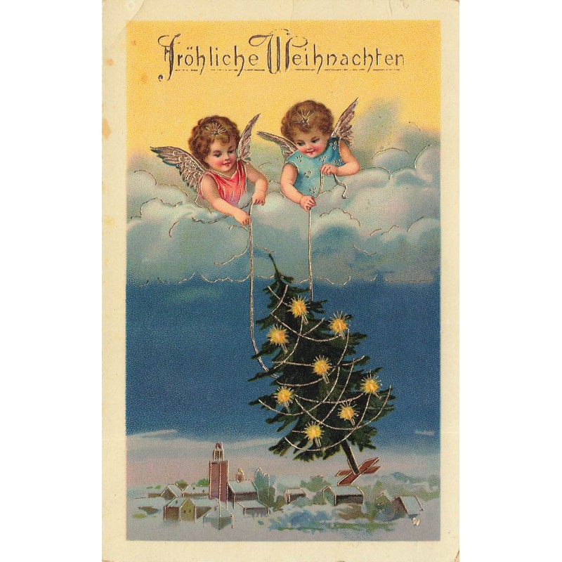 n°27944 - Noël - Fröhliche Weihnachten - Anges portant un sapin dans le ciel