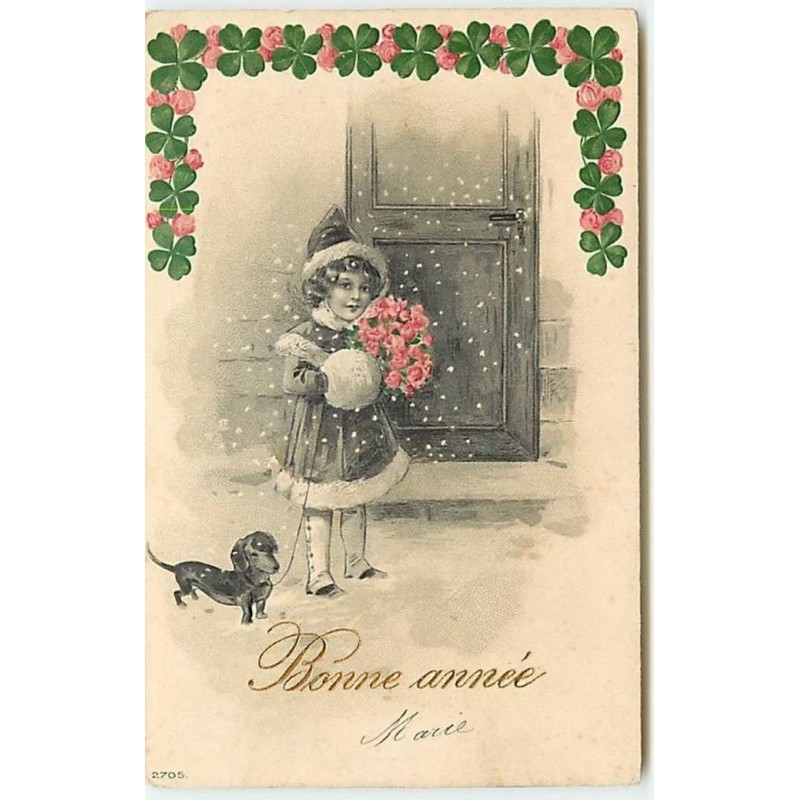 n°13182 - Carte Gaufrée - Bonne Année - Fillette portant un bouquet de roses, et un teckel sous la neige