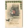 n°13182 - Carte Gaufrée - Bonne Année - Fillette portant un bouquet de roses, et un teckel sous la neige