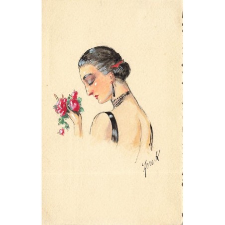 n°27957 - Illustrateur - Carte Peinte à la Main - Jeune femme légèrement de dos tenant des roses