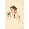 n°27957 - Illustrateur - Carte Peinte à la Main - Jeune femme légèrement de dos tenant des roses